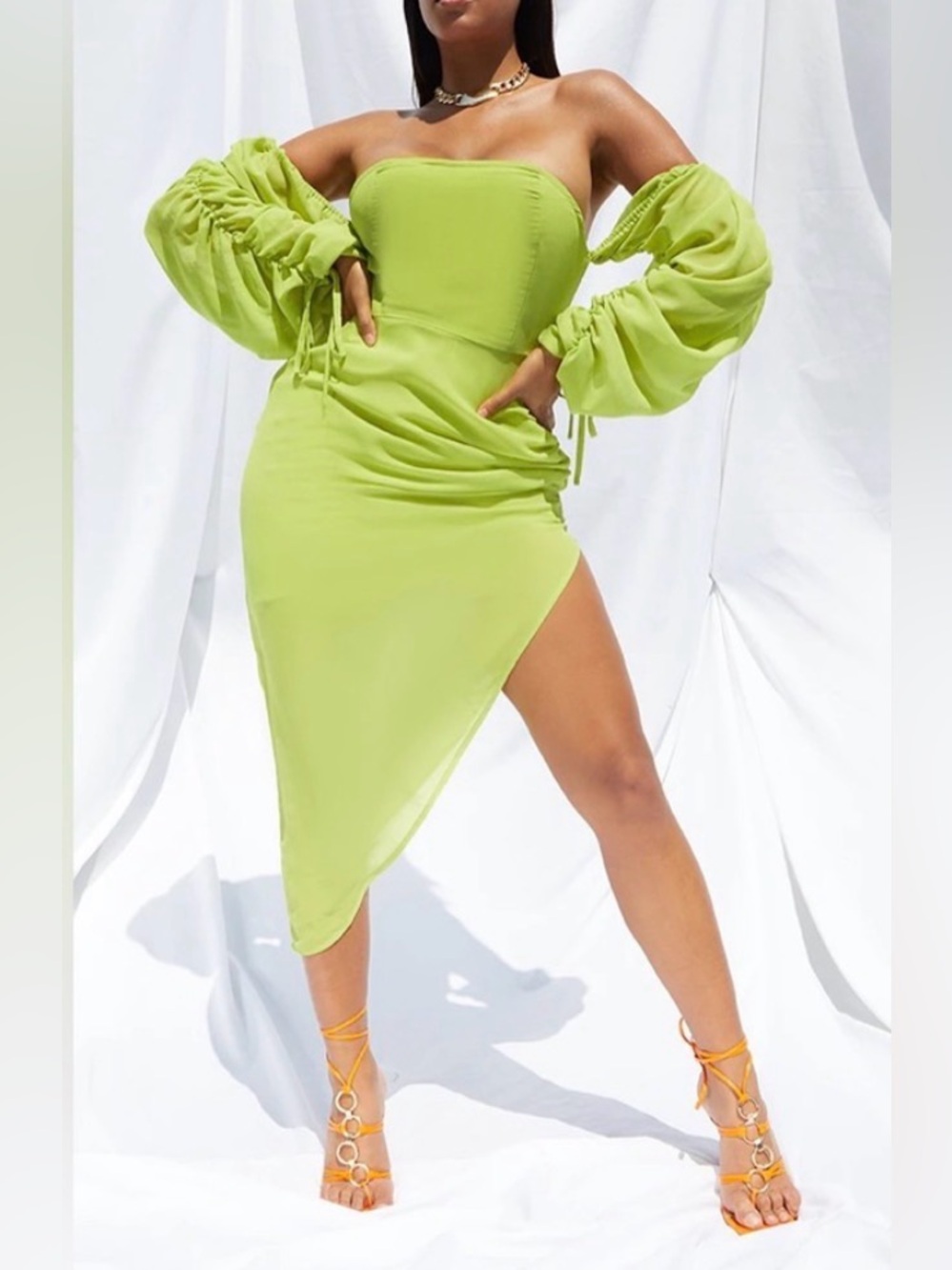 NWT PrettyLittleThing Bardot Lime Ruched Sleeve Midi Dress